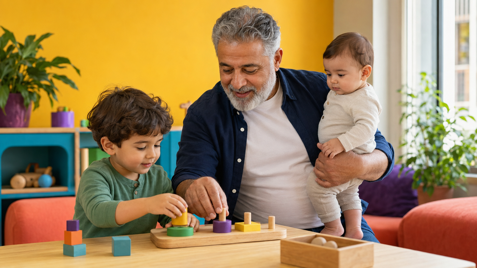 A grandfather holds his infant grandchild while building with blocks with his preschool aged grandson.